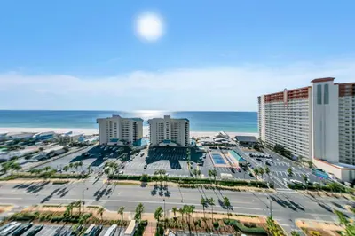 an aerial view of a resort with the ocean at Laketown Wharf 1523 by Emerald Coast Retreats in Panama City Beach