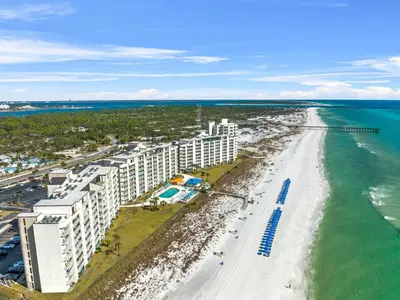 an aerial view of the beach and the ocean at Moonspinner 415A in Panama City Beach