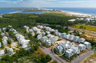 an aerial view of a resort complex with a circle at 6-Seater Golf Cart - Community Pool - Close to Beach, Dining and Shopping in Inlet Beach