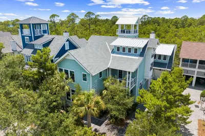 an aerial view of a blue house with trees at Tranquility on the Preserve in Watersound Beach