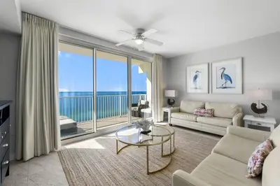 a living room with a view of the ocean at Shores Of Panama #1930 in Panama City Beach