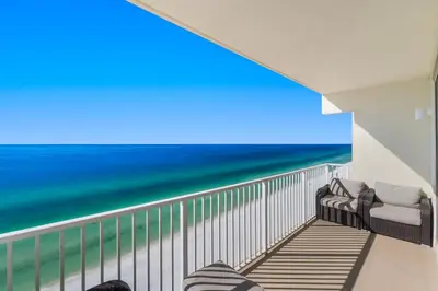 a balcony with a view of the ocean at Shores Of Panama #1930 in Panama City Beach