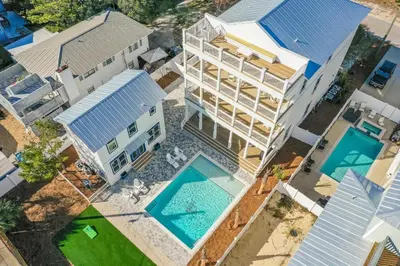 an overhead view of a building and a swimming pool at Gilligan's Island in Inlet Beach