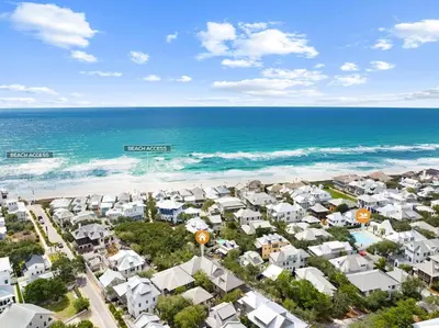 an aerial view of a beach with condos at Brighton Cottage in Rosemary Beach