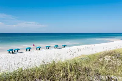 a group of people sitting under blue umbrellas on a beach at Flip Flop Dreams in Seacrest