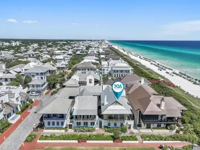 an aerial view of a resort with a beach at Hope Town Pearl Cottage in Rosemary Beach
