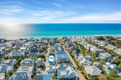 an aerial view of a town next to the ocean at Bella Carriage House in Rosemary Beach