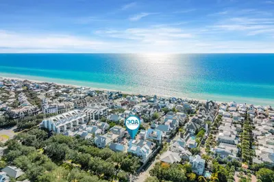 an aerial view of a city next to the beach at Bella Carriage House in Rosemary Beach