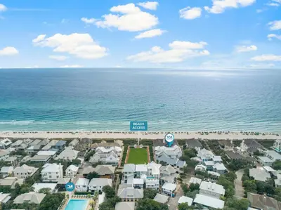 an aerial view of a resort near the ocean at Terra Casa Cottage & Carriage House in Rosemary Beach