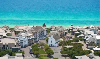 an aerial view of a residential neighborhood next to the ocean at Hammock Carriage House in Rosemary Beach