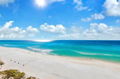 a beach with people walking on the sand and the ocean at Grandview East 1002 in Panama City Beach