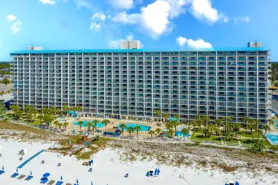 an aerial view of a hotel on the beach at Summit #1105 by Nautical Properties Vacation Rentals in Panama City Beach