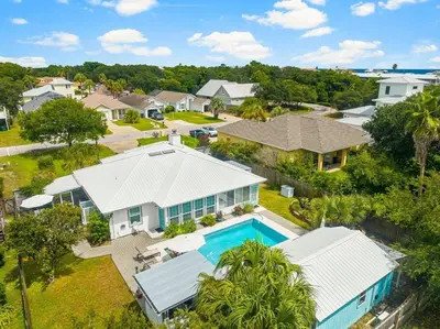 an aerial view of a house with a swimming pool at Making Memories in Panama City Beach