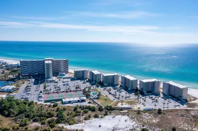 an aerial view of a resort near the ocean at Beautiful Beach Front Condo at Pinnacle Port A-125 in Panama City Beach