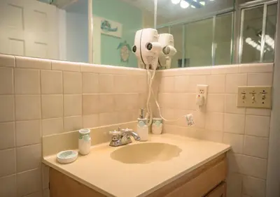 a bathroom sink with a hair dryer and a mirror at Panhandle Paradise, Heated Pool, Hot Tub, Mini & Disc Golf, Game Room in Panama City Beach