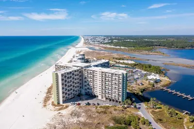an aerial view of a resort on a beach at Sandy Bottoms PPC3 - 401! Gulf Front Views! in Panama City Beach