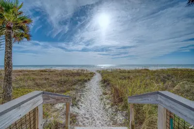 a path leading to a beach with a palm tree at Toes in the Sand at Shores #101 in Panama City Beach