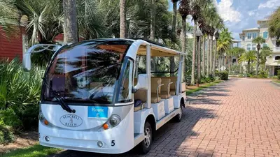 a small car parked on a street with palm trees at Mi CaSEAta in Rosemary Beach