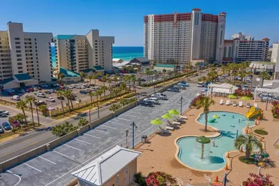 an aerial view of a city with a park at Laketown Wharf #1818 in Panama City Beach