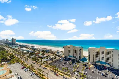 an aerial view of a beach and buildings at Laketown Wharf #1818 in Panama City Beach