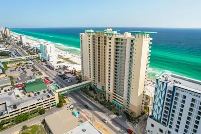 an aerial view of a city and the ocean at Aqua 410 in Panama City Beach
