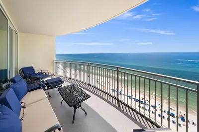 a balcony with a view of the ocean at 1403 Aqua in Panama City Beach