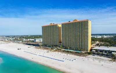 an aerial view of a hotel on the beach at Calypso 208 East Direct Gulf Front Exceptional in Panama City Beach