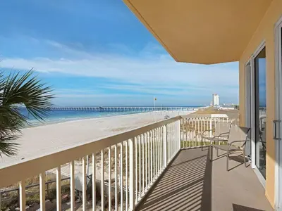 a balcony with a view of the beach at Calypso 209W Incredible Corner unit Best view in PCB in Panama City Beach