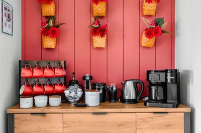 a counter with a coffee maker and a coffeemaker at Spring Break! Heated Pool, Walk 2 Beach, Sleeps 11 in Panama City Beach