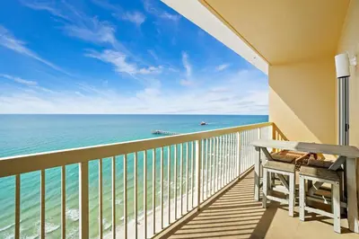a balcony with a view of the ocean at Calypso 2306E Penthouse Condo 3BR 2BA Best Views Anywhere in Panama City Beach