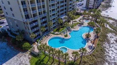 an overhead view of a swimming pool at a building at Grand Panama 1801 in Panama City Beach