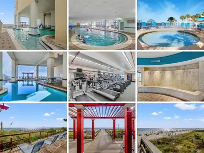 a collage of photos of a resort pool at Gulf views, beachfront, Majestic Beach Resort in Panama City Beach