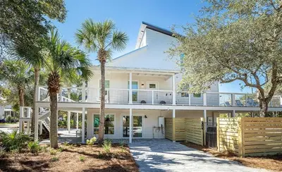 a large white house with palm trees in front of it at 10 Joanna Sophisticated Seagrove Beach pool sleeps 14 in Santa Rosa Beach