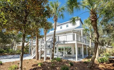 a large white house with palm trees in front of it at 10 Joanna Sophisticated Seagrove Beach pool sleeps 14 in Santa Rosa Beach