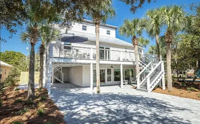 a white house with palm trees in front of it at 10 Joanna Sophisticated Seagrove Beach pool sleeps 14 in Santa Rosa Beach