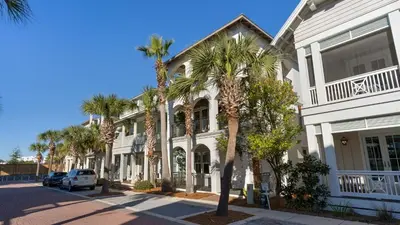 a row of palm trees in front of a white building at 448 Beach Bike Way in Rosemary Beach