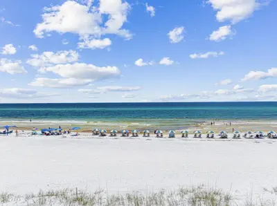 a beach with many umbrellas and people on the beach at Available for Season! Sand Castle at Seagrove Beach in Santa Rosa Beach
