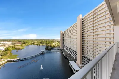 a view of a river from a balcony of a building at Laketown Wharf #1232 in Panama City Beach