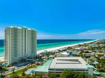 an aerial view of the beach and condos at Celadon #0808 in Panama City Beach