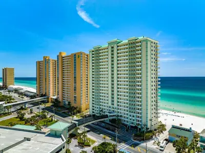 an aerial view of a beach and buildings at Celadon #0808 in Panama City Beach