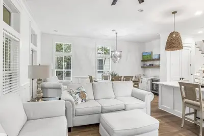 a white living room with a white couch and chairs at Shore Me The Way Close To Beach Bikes in Seacrest