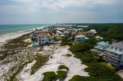 an aerial view of a beach with houses and the ocean at Big Beach Watch near beach private pool sleeps 21 in Santa Rosa Beach