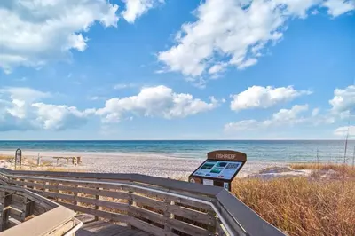 a bench on a beach next to the ocean at New Pool 5 Bedroom Screened Porch in Inlet Beach