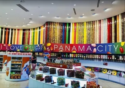 a pamama city shopping mall with colorful curtains at Calypso 402E by Warren Beach Rentals in Panama City Beach