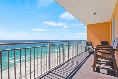 a balcony with a view of the ocean at Beach front close to attractions condo- Zenwave Retreat in Panama City Beach