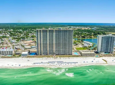 an aerial view of a beach and buildings at Family-Friendly Gulf-Front Condo w/Beach Access in Panama City Beach
