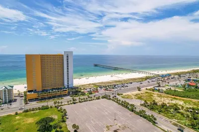 an aerial view of a hotel and the beach at Sterling Reef 503 - Pierview Oasis - Sleeps 6 in Panama City Beach
