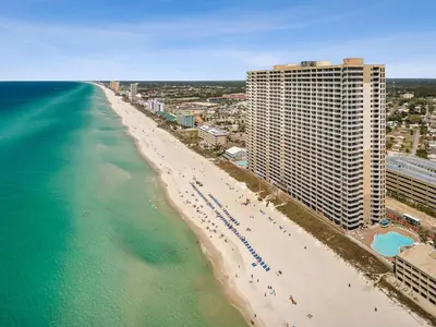 an aerial view of a beach and a building at Tidewater 2411 - Tidewater Retreat - Sleeps 8 in Panama City Beach