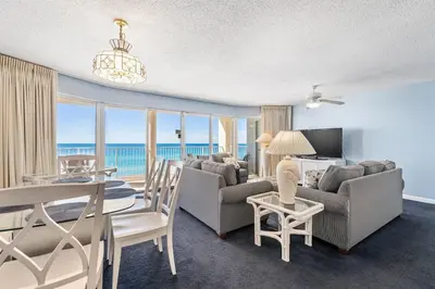 a living room with a view of the ocean at Long Beach Tower 2 #703 Beachfront 2 BR 2 BA in Panama City Beach