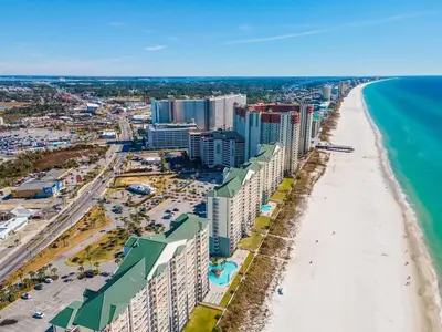 an aerial view of the beach and buildings at Long Beach Tower 3 #305 Beachfront Renovation in Panama City Beach